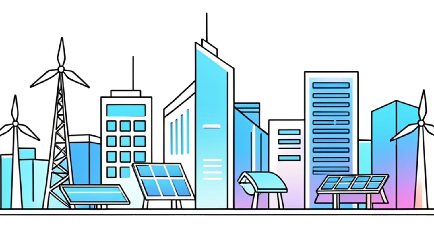 Stylised city, wind turbines and clean infrastructure from the original AJD presentation
